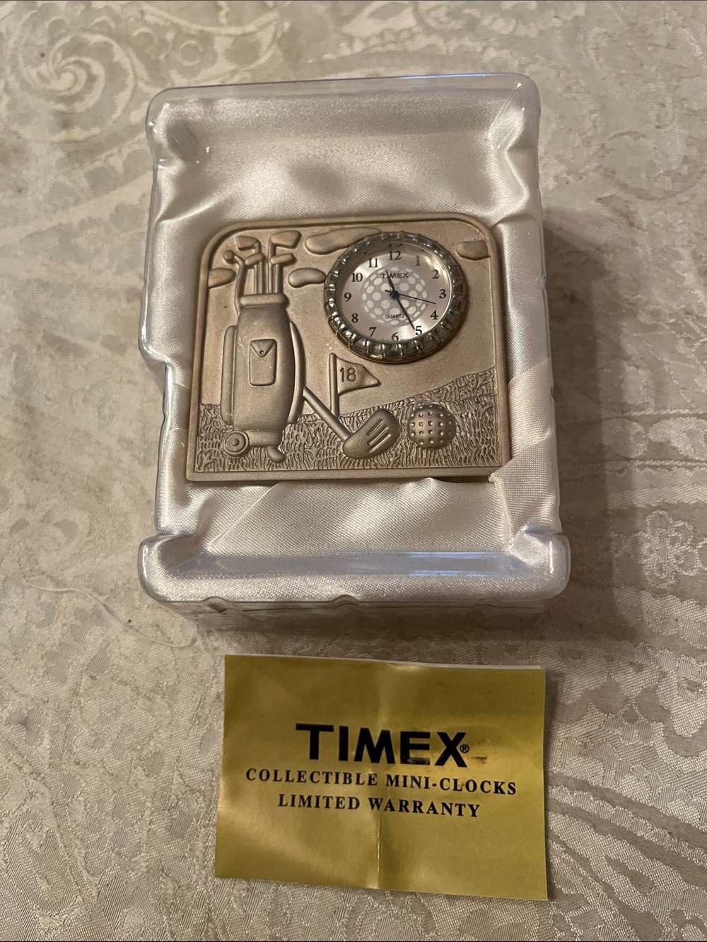 Timex Silver Golf Motif Collectible Mini Clock vintage new needs battery